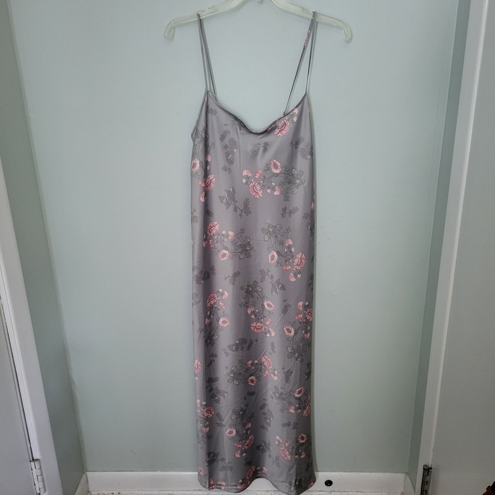 Lauren Ralph Lauren XL satin nightgown grey floral print pink blossoms New